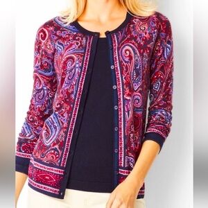 Talbots Petite paisley pattern sweater, pink & blue, excellent condition